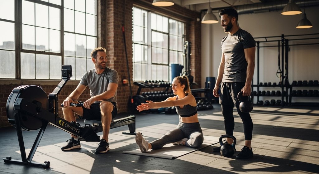 Gruppe von Ausdauersportlern beim entspannten Crosstraining im Fitnessstudio.