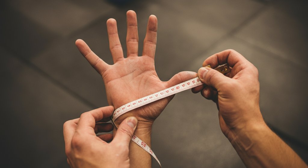 Hand mit Maßband zur Bestimmung der Größe für Crosstraining Handschuhe.