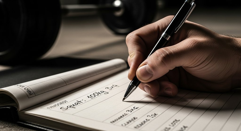 Hand notiert das Trainingsgewicht für Kniebeugen in einem Logbuch zur Progression.