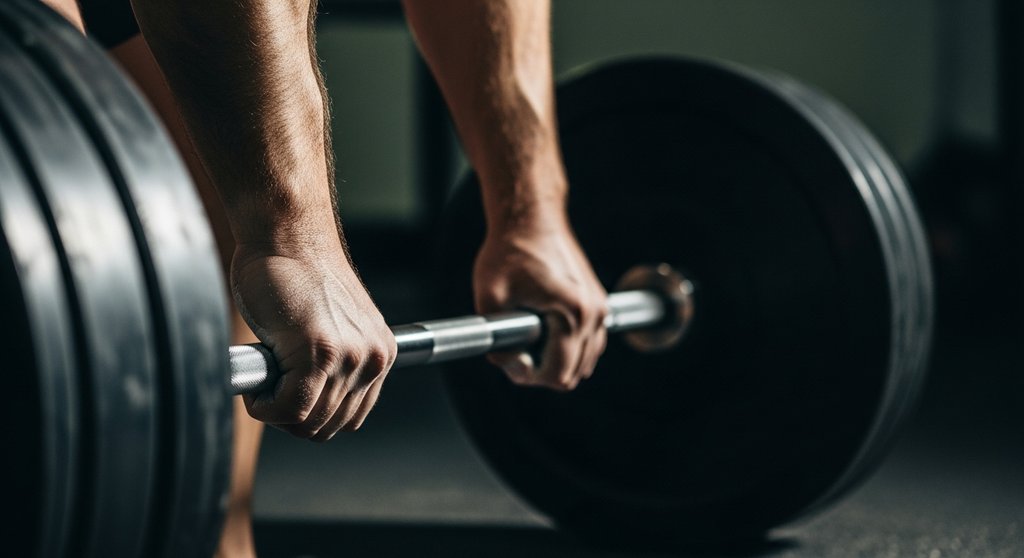 Hände eines Athleten greifen eine Langhantel für eine Grundübung im funktionellen Bodybuilding.