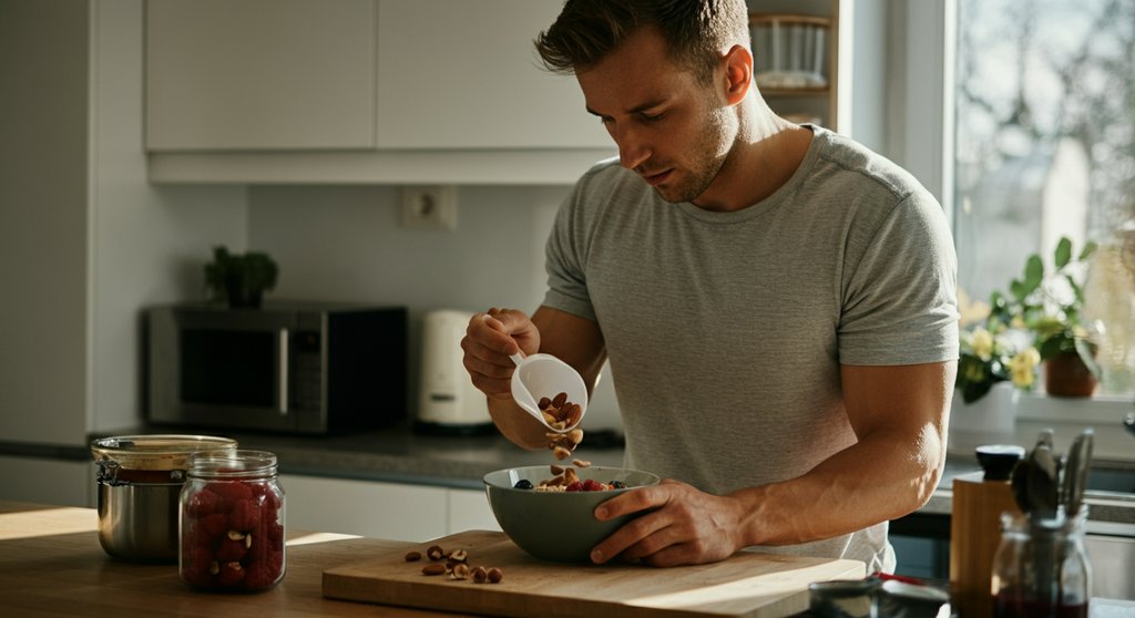 Hardgainer bereitet kalorienreiche Mahlzeit für den Muskelaufbau nach dem Crosstraining vor.