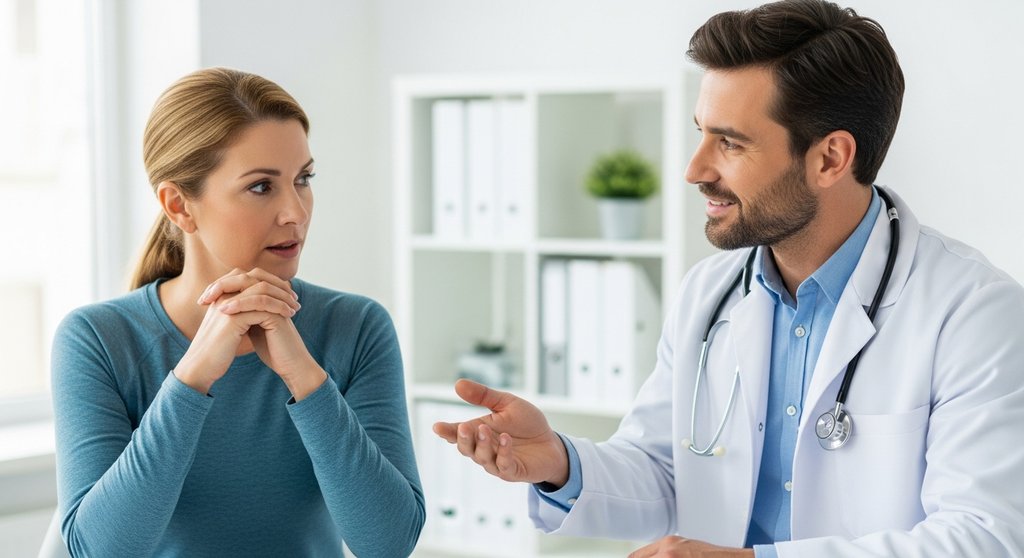 High resolution photography, environmental portrait. A concerned-looking woman in her 40s discusses her fitness plan with a friendly, professional doctor in a bright, modern office. The focus is on their interaction and the doctor's reassuring gesture. The background is softly blurred. This image conveys the importance of medical advice before starting intense training. DSLR, depth of field, natural lighting, candid shot.