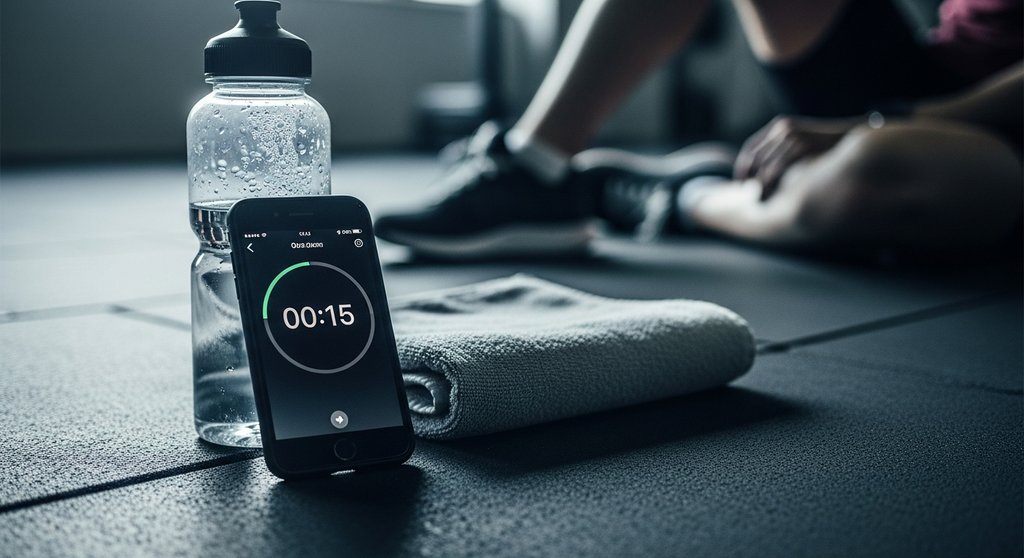 High-resolution photography of a smartphone screen showing a workout timer app mid-countdown (e.g., 00:15). The phone is lying on a gym floor next to a water bottle and a towel. The background shows the blurred legs of a person resting between sets. The lighting is dramatic, coming from one side, highlighting the texture of the floor and the condensation on the water bottle. Muted, cool tones. DSLR, depth of field.
