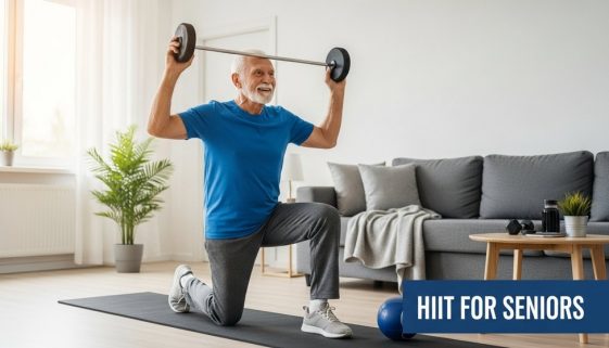 HIIT für Senioren: Ein Mann mittleren Alters trainiert und strahlt Energie aus. Editorial style photography of an elegant, energetic senior man (around 65 years old) in a bright, modern living room, smiling with a sense of accomplishment after a light workout. He is wearing stylish, comfortable sportswear. Soft, natural morning light streams through a large window, creating a warm and inviting atmosphere. The focus is on the person's joyful and empowered expression. Shot on a DSLR camera with a 50mm lens, slight depth of field, true-to-life colors, Kodak Portra 400 style, visible skin texture. → HIIT für Senioren: Ein fitter Senior strahlt nach seinem Workout zu Hause pure Lebensfreude aus.