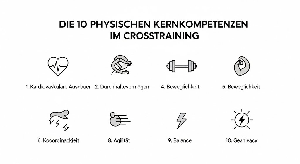 Infografik der 10 physischen Kernkompetenzen, die durch Crosstraining WODs verbessert werden.