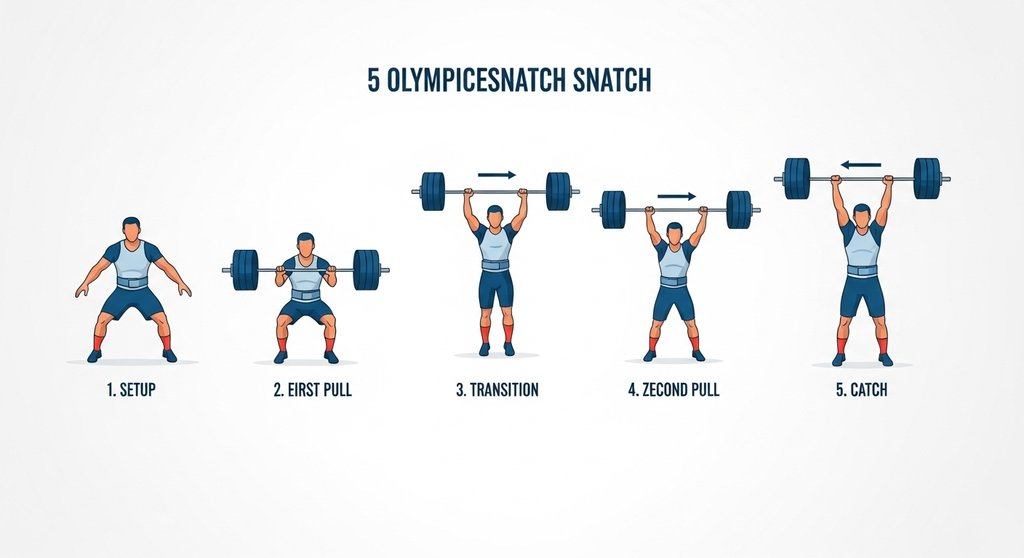 Infografik der 5 Phasen der Gewichtheber-Technik Reißen (Snatch).