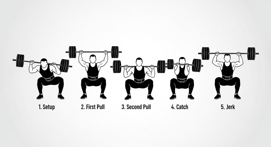 Infografik der 5 Phasen des Clean and Jerk für ein besseres Technikverständnis.