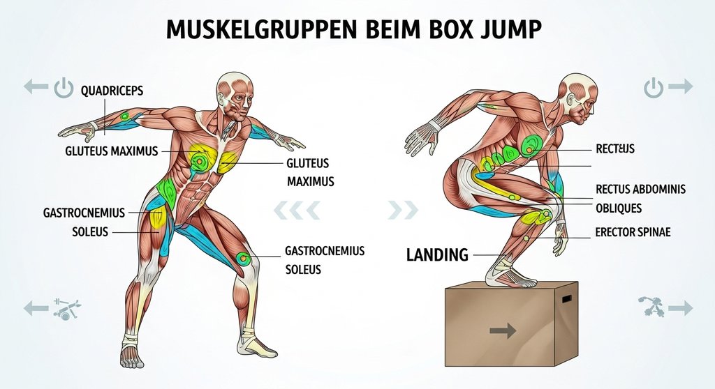 Infografik der bei Box Jumps beanspruchten Muskeln wie Beine, Po und Rumpf.