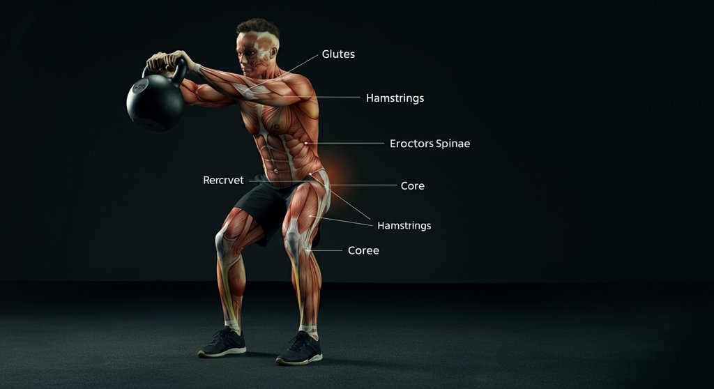 Infografik: Welche Muskeln die korrekte Kettlebell Swing Technik trainiert – Gesäß und Rumpf.