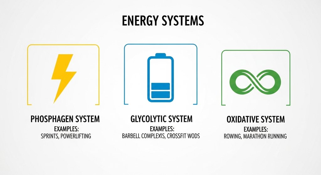 Infografik der drei metabolischen Energiesysteme im Metcon Training.