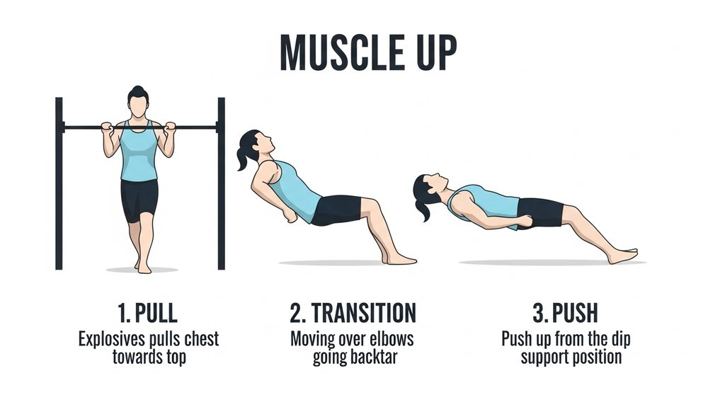 Infografik der drei Phasen des Muscle Up: Pull, Transition, Push.