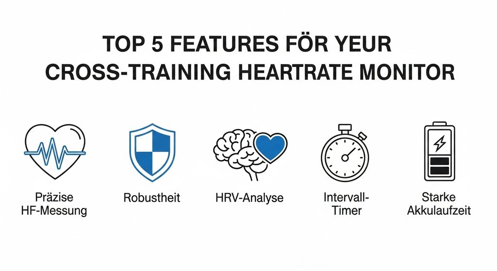 Infografik der fünf wichtigsten Funktionen einer Pulsuhr für Crosstraining.