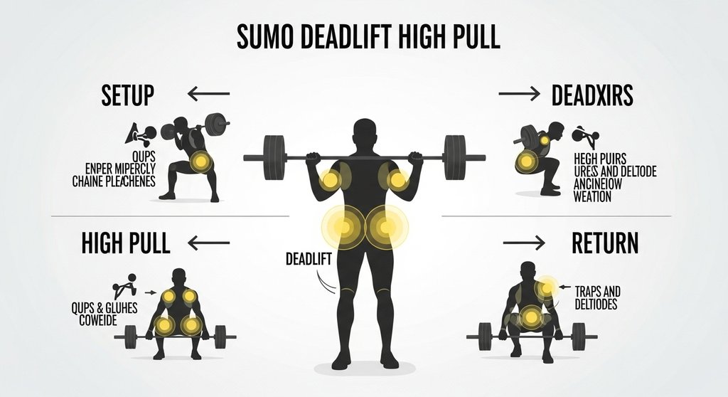Infografik der vier Phasen des Sumo Deadlift High Pulls mit korrekter Technik.