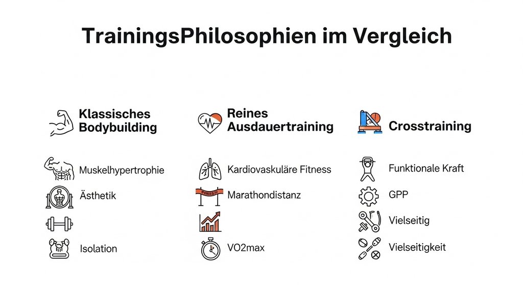 Infografik, die Crosstraining mit Bodybuilding und Ausdauertraining vergleicht.