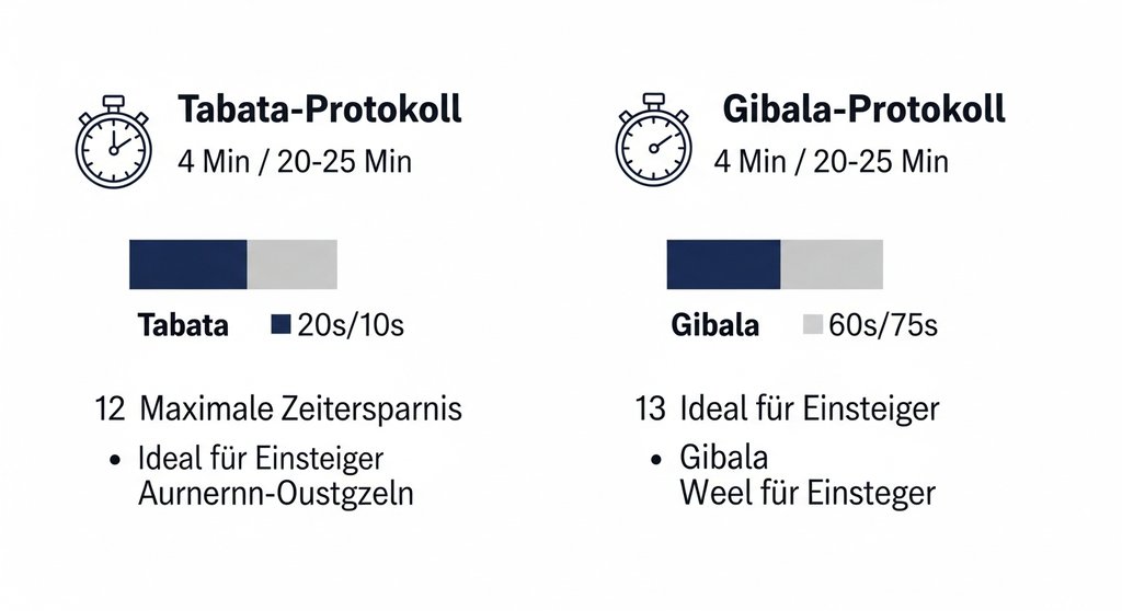 Infografik, die das HIIT Tabata-Protokoll mit dem Gibala-Protokoll vergleicht.