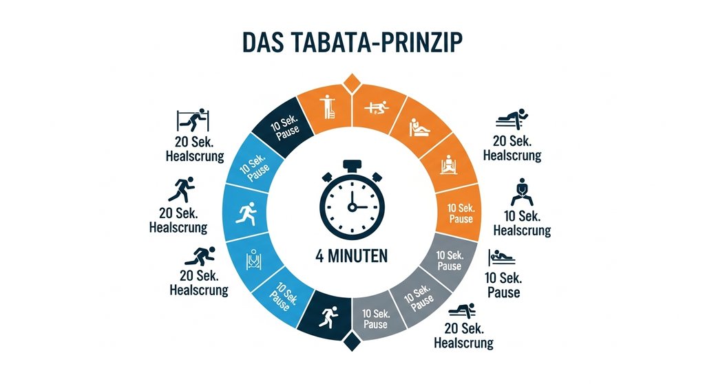 Infografik, die das Tabata-Prinzip erklärt: Ein 4-Minuten-Workout mit 8 Runden aus 20 Sekunden Belastung und 10 Sekunden Pause.