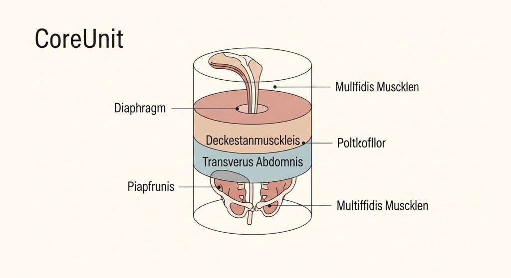 Infografik, die das Zusammenspiel von Beckenboden und tiefer Bauchmuskulatur als Core-Einheit zeigt.
