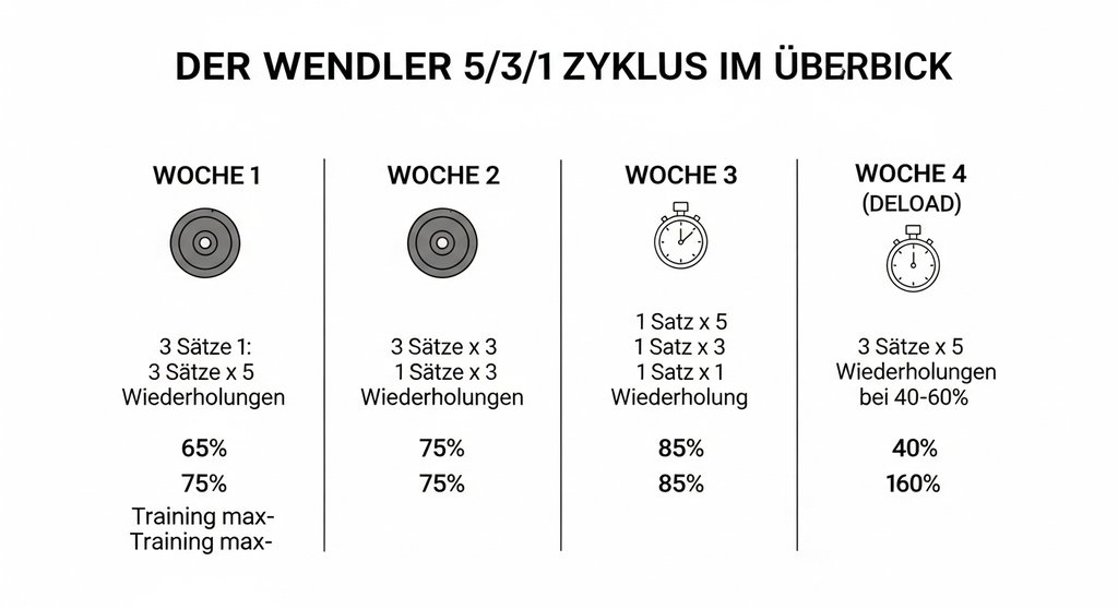 Infografik, die den 4-Wochen-Zyklus des Wendler 5/3/1 Trainingsplans mit Wiederholungen und Prozenten für jede Trainingswoche erklärt.