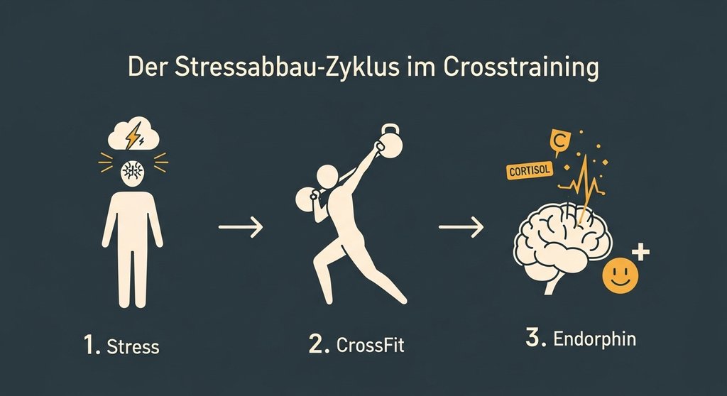 Infografik, die den biochemischen Prozess des Stressabbaus durch Crosstraining erklärt.