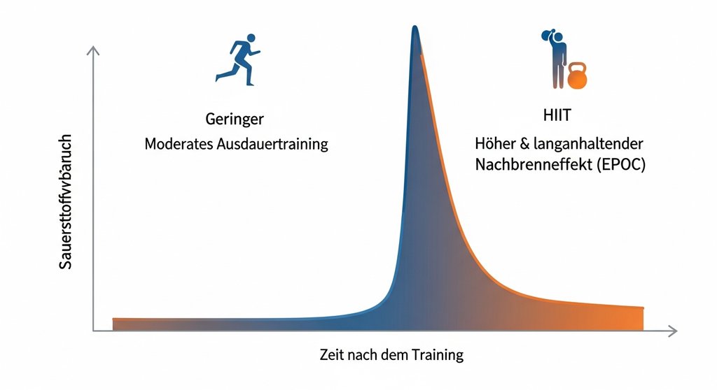 Infografik, die den hohen Nachbrenneffekt (EPOC) von HIIT mit dem geringen Effekt von Ausdauertraining vergleicht.