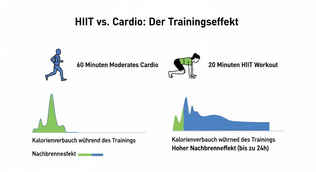 Infografik, die den Kalorienverbrauch und Nachbrenneffekt von HIIT im Vergleich zu moderatem Cardio-Training zeigt.