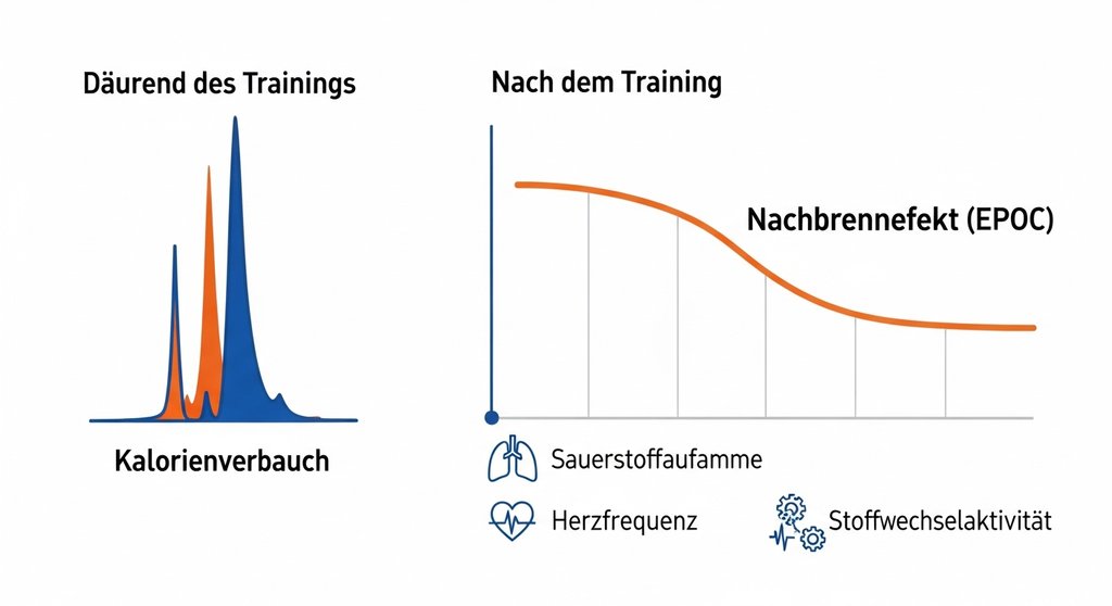 Wissenschaftliche Infografik zur HIIT Fettverbrennung: Der Nachbrenneffekt (EPOC) steigert den Kalorienverbrauch.