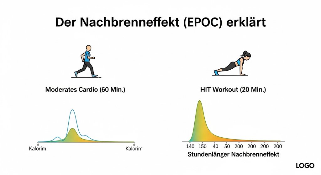 Infografik, die den Nachbrenneffekt (EPOC) von HIIT im Vergleich zu normalem Cardio erklärt.