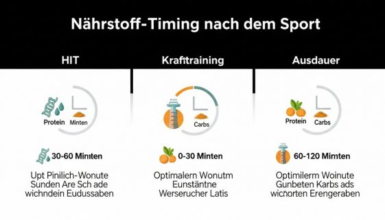 Infografik, die den optimalen Zeitpunkt und die Nährstoffverteilung für Mahlzeiten nach HIIT, Krafttraining und Ausdauersport vergleicht.