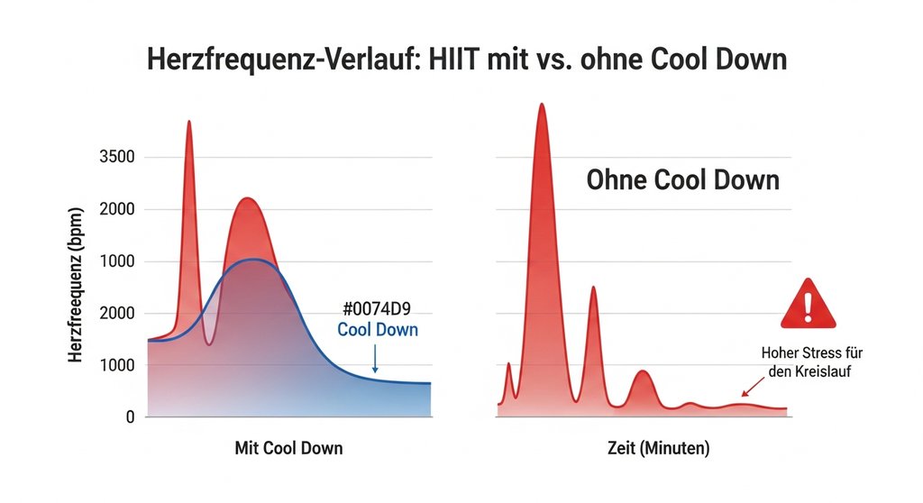 Infografik, die den positiven Effekt eines Cool Downs auf die Herzfrequenz nach dem HIIT-Training zeigt.