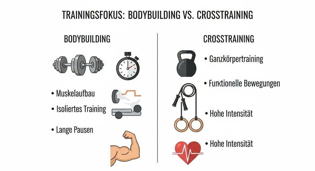 Infografik, die den Trainingsfokus von Bodybuilding (Isolation) und CrossTraining (Vielseitigkeit) vergleicht.