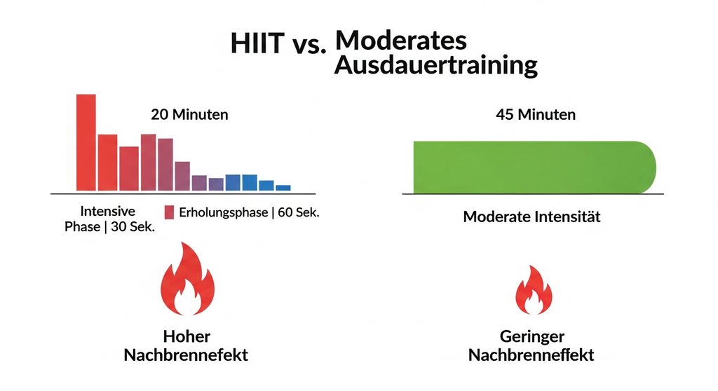 Infografik, die den Unterschied im Aufbau und Nachbrenneffekt von HIIT und moderatem Training vergleicht.