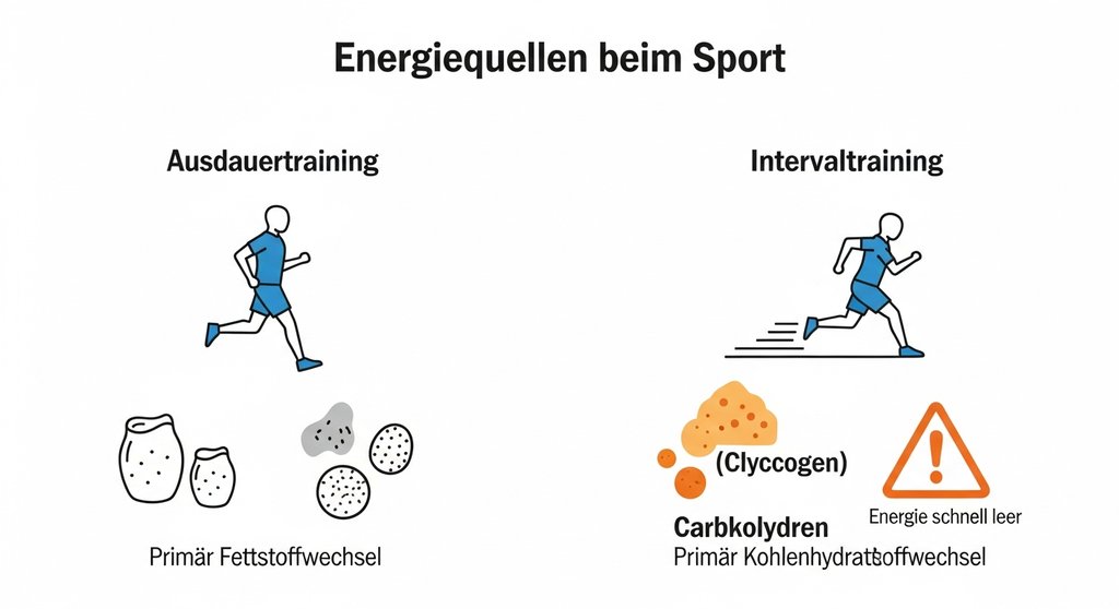 Infografik, die den Unterschied im Energieverbrauch zwischen Ausdauer- und Intervalltraining zeigt.