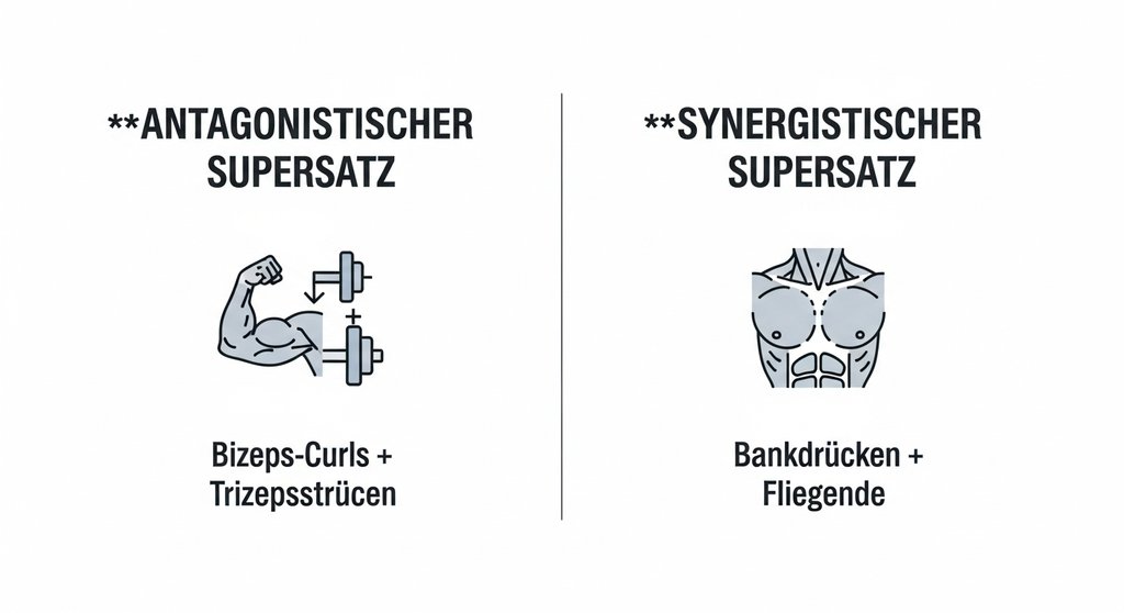 Infografik, die den Unterschied zwischen antagonistischen und synergistischen Supersätzen im Krafttraining erklärt.