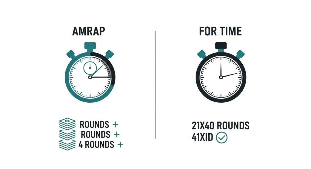Infografik, die den Unterschied zwischen den Workout-Typen AMRAP und For Time erklärt.