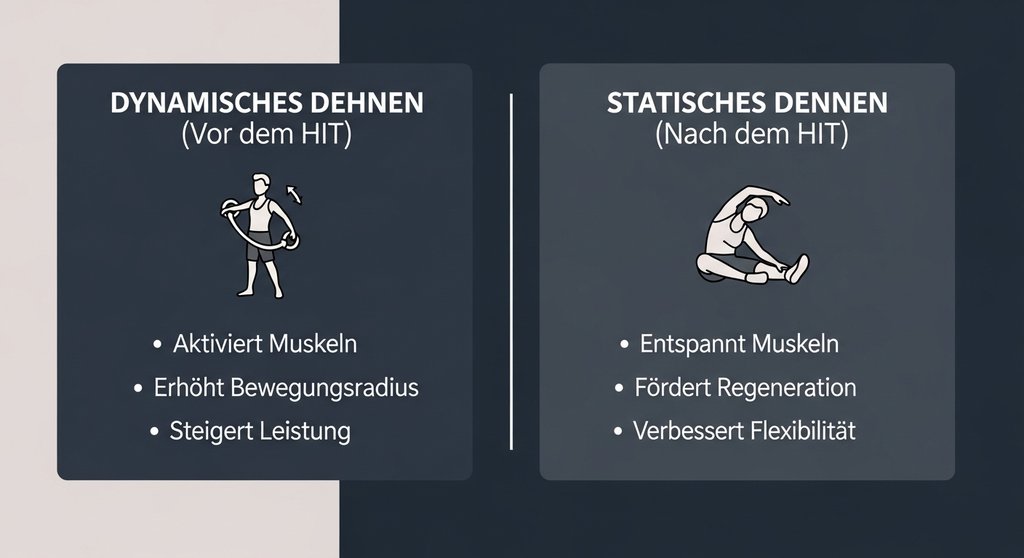 Infografik, die den Unterschied zwischen dynamischem Dehnen vor und statischem Dehnen nach dem HIIT erklärt.