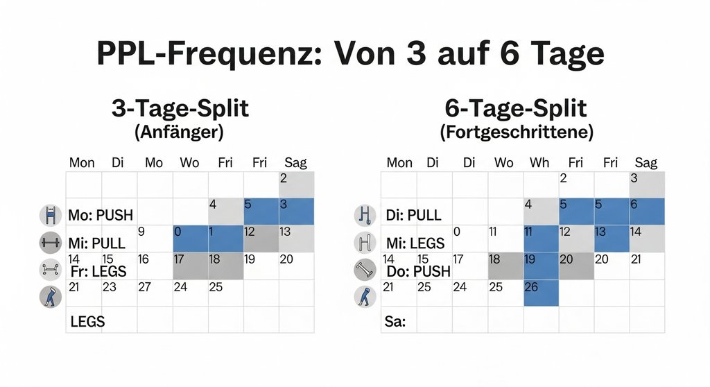 Infografik, die den Unterschied zwischen einem 3-Tage- und 6-Tage-Push-Pull-Beine-Trainingsplan zeigt.