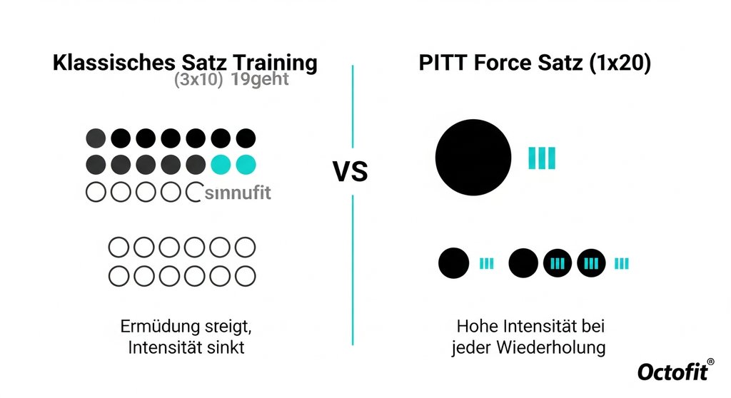 Infografik: Klassischer Satz vs. PITT Force Training mit Einzelwiederholungen.