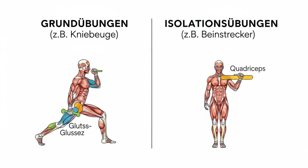 Infografik, die den Unterschied zwischen Grundübungen und Isolationsübungen für den Muskelaufbau erklärt.