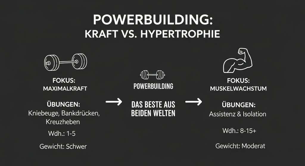 Infografik, die den Unterschied zwischen Powerlifting- und Bodybuilding-Training erklärt. Clean, modern infographic titled 'Powerbuilding: Kraft vs. Hypertrophie' (German text). On the left side, under a 'Powerlifting' icon (a heavy barbell), list characteristics: 'Fokus: Maximalkraft', 'Übungen: Kniebeuge, Bankdrücken, Kreuzheben', 'Wdh.: 1-5', 'Gewicht: Schwer'. On the right side, under a 'Bodybuilding' icon (a flexing bicep), list characteristics: 'Fokus: Muskelwachstum', 'Übungen: Assistenz & Isolation', 'Wdh.: 8-15+', 'Gewicht: Moderat'. A central arrow connects both, pointing to a 'Powerbuilding' icon in the middle with the text 'Das Beste aus beiden Welten'. All text must be in German.