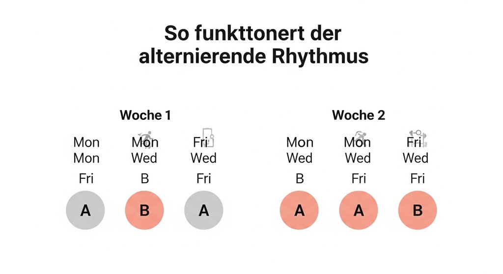 Infografik, die den wöchentlichen Wechsel zwischen Trainingseinheit A und B in einem alternierenden Ganzkörperplan darstellt.
