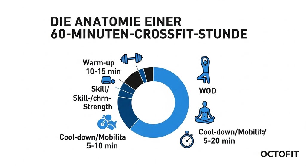 Infografik, die die Aufteilung einer 60-minütigen CrossFit-Einheit zeigt.
