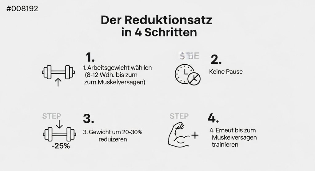 Infografik, die die Ausführung eines Reduktionssatzes in vier einfachen Schritten für den Muskelaufbau erklärt.