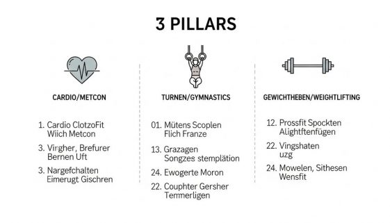 Infografik, die die drei Säulen des Crosstrainings erklärt: Ausdauer, Turnen und Gewichtheben.