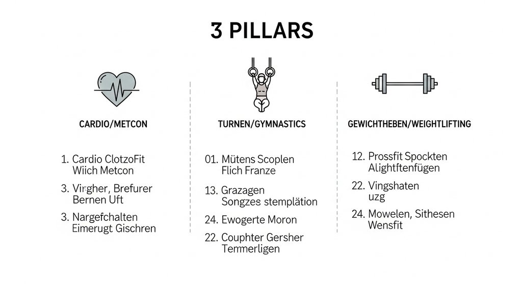Infografik, die die drei Säulen des Crosstrainings erklärt: Ausdauer, Turnen und Gewichtheben.