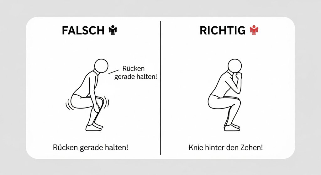 Infografik, die die falsche und richtige Ausführung einer Kniebeuge beim HIIT-Training gegenüberstellt.