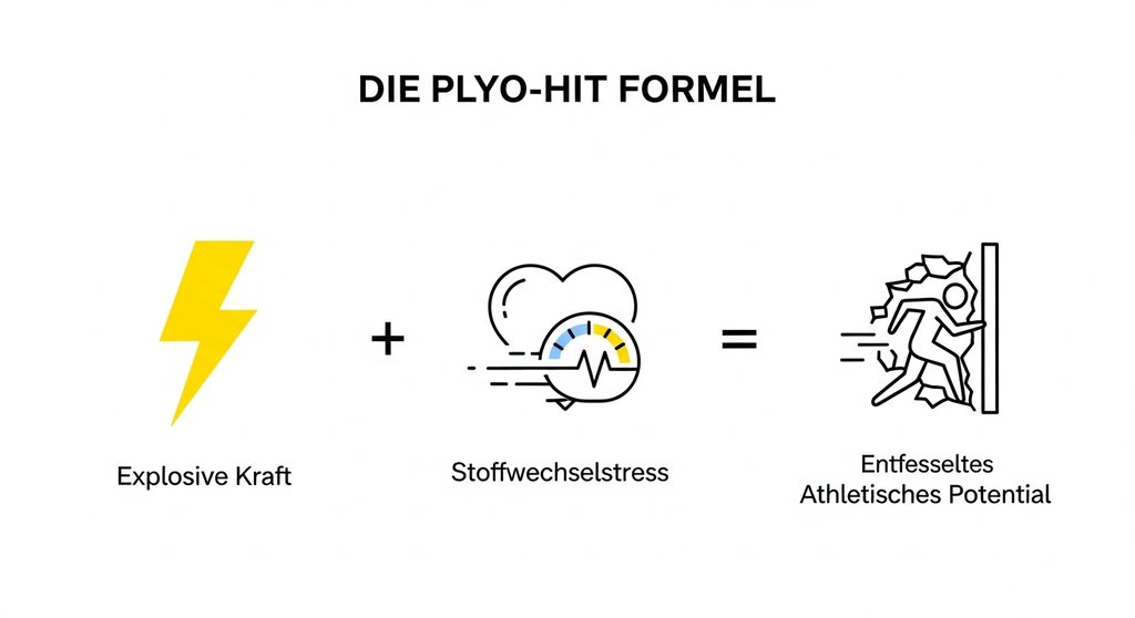 Infografik, die die Formel von plyometrischem HIIT für athletisches Potenzial darstellt.