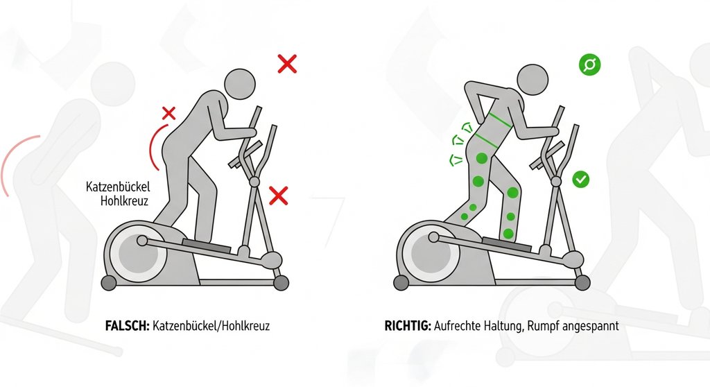 Infografik, die die richtige und falsche Körperhaltung auf dem Crosstrainer gegenüberstellt.