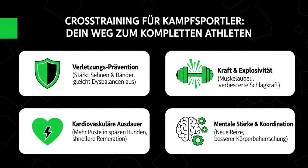 Infografik zu den Vorteilen von Crosstraining für Kampfsportler wie Kraft und Ausdauer.