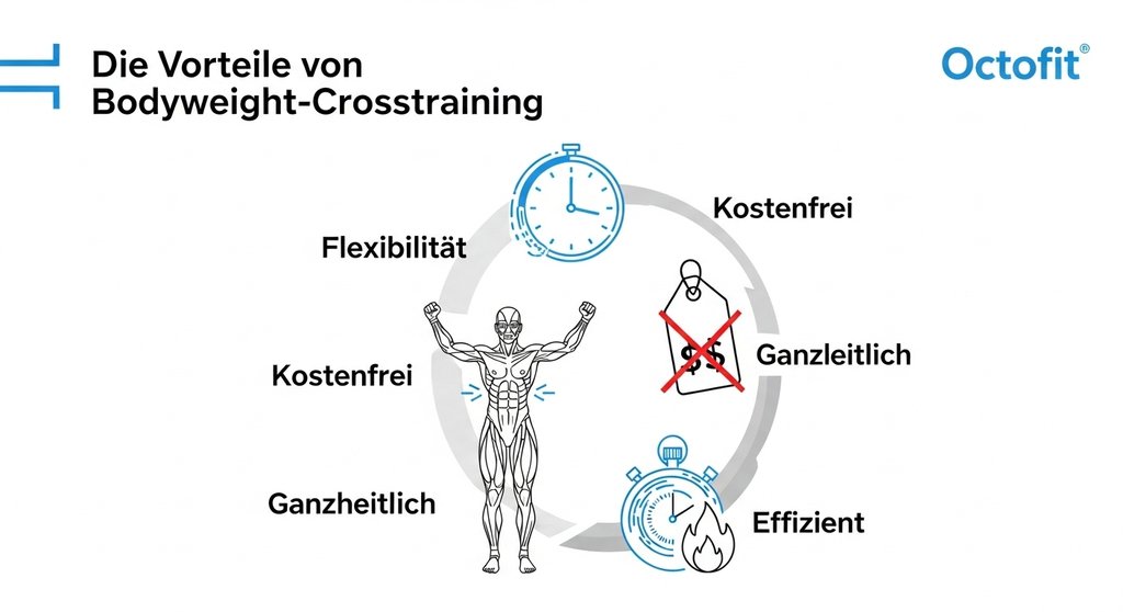 Infografik, die die vier Hauptvorteile von Crosstraining ohne Geräte zeigt.