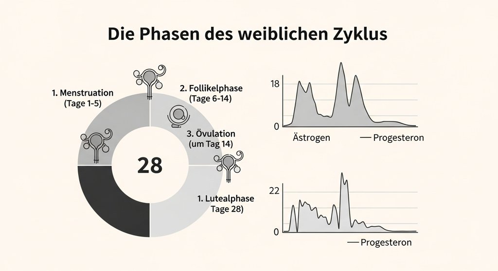 Infografik, die die vier Phasen des weiblichen Zyklus und die Hormonspiegel zeigt.